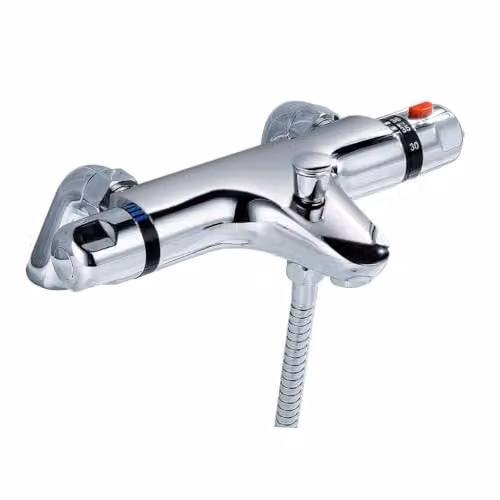 Nes Home Chrome Brass Deck Mounted Thermostatic Bath Shower Mixer Tap with Safety Stop and Shower Set – 2