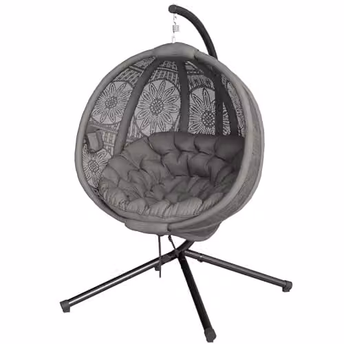 Outsunny Egg Hanging Swing Chair with Metal Stand and Side Pocket in Grey – 1