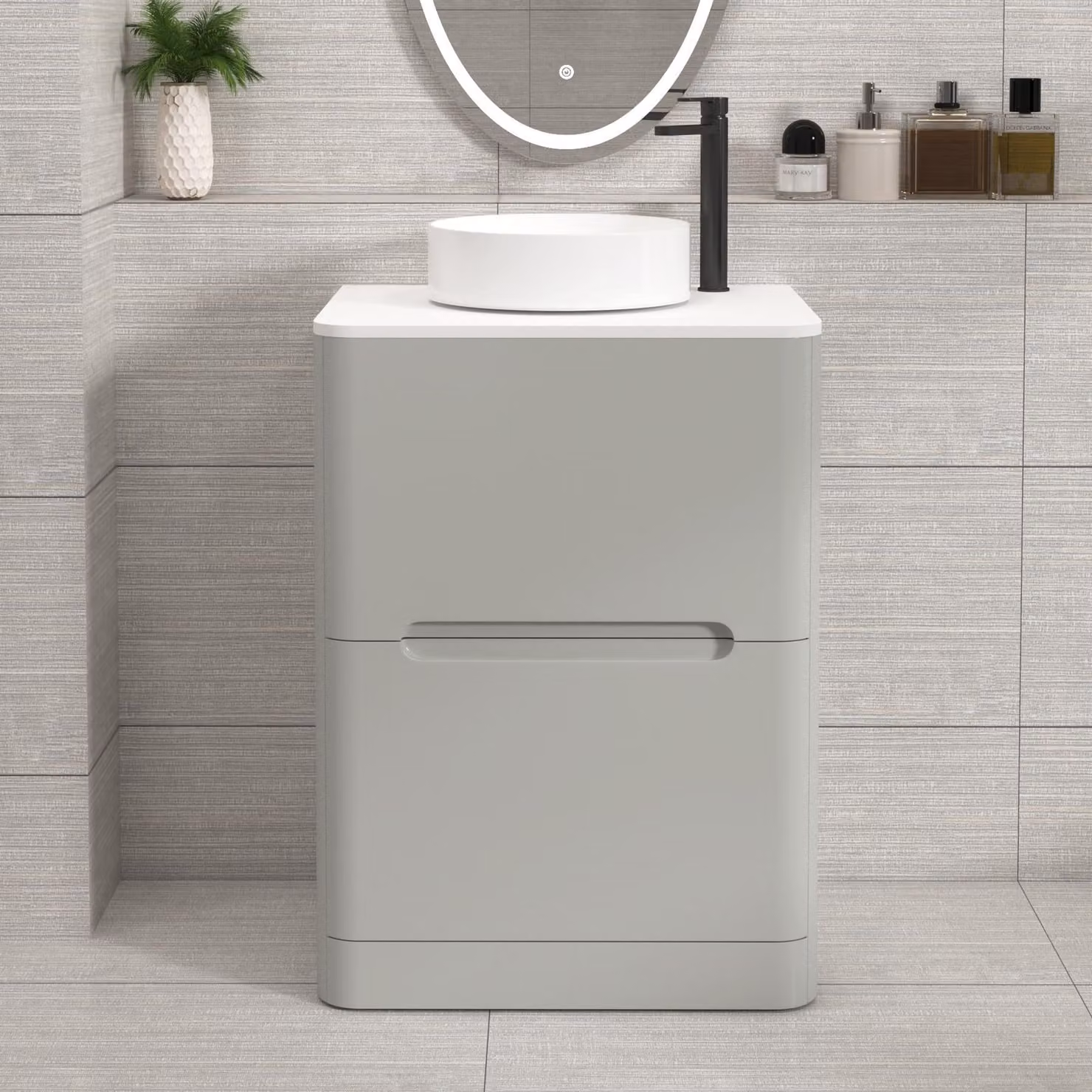 Royal Bathrooms Venice 600mm Floor Standing Vanity Unit in Dove Grey with White Worktop and Art Deco Basin