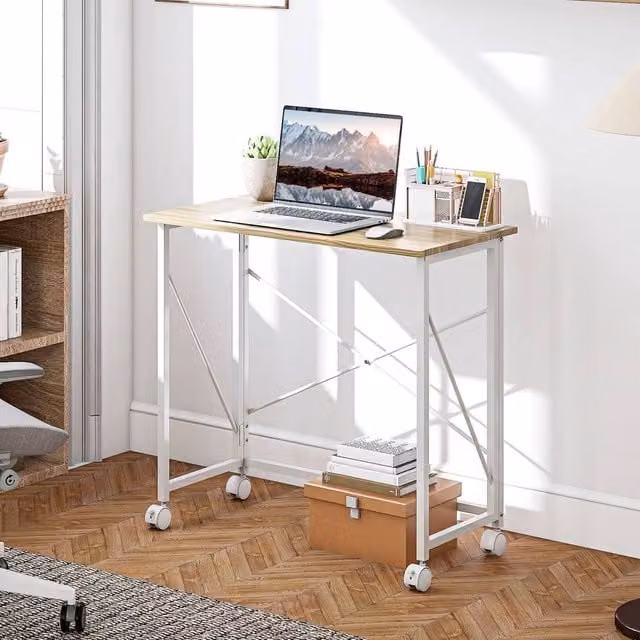HOMCOM Folding Writing Desk with Castors for Home Office in Light Oak and White – 1