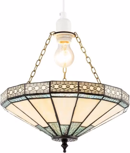 Happy Homewares 1920s Vintage Tiffany Pendant Light Shade in Emerald Green, Gold and Multicolour Glass and Metal – 1