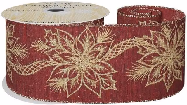KDMD Red and Gold Poinsettia Ribbon, Width: 6.3 cm, Length: 9.14 m – 1
