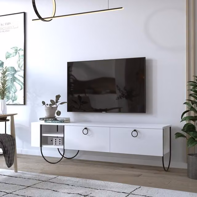 FWStyle Large TV Multimedia Unit with 2 Doors and Open Shelf in Painted White