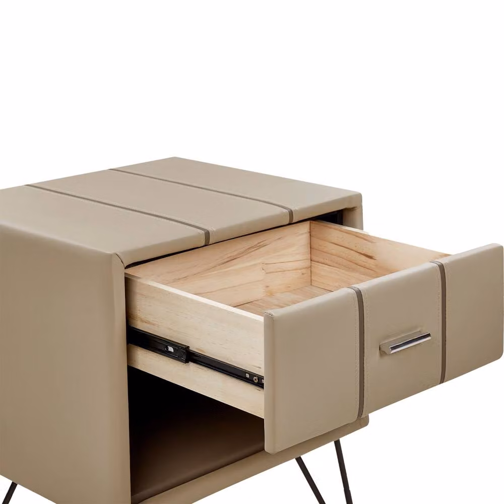 Wyld and Coco Beige Faux Leather Bedside Table with Hairpin Legs – 4