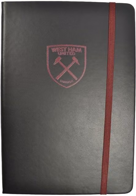 West Ham United FC A5 Lined Hardcover Composition Notebook with Faux Leather Cover, Bookmark and Elastic Closure in Black and Red