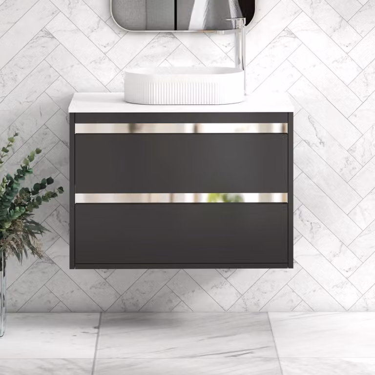 Royal Bathrooms Orion 800mm Wall Hung Vanity Unit in Matt Obsidian Black with White Lyon Basin and Chrome Accent Trim