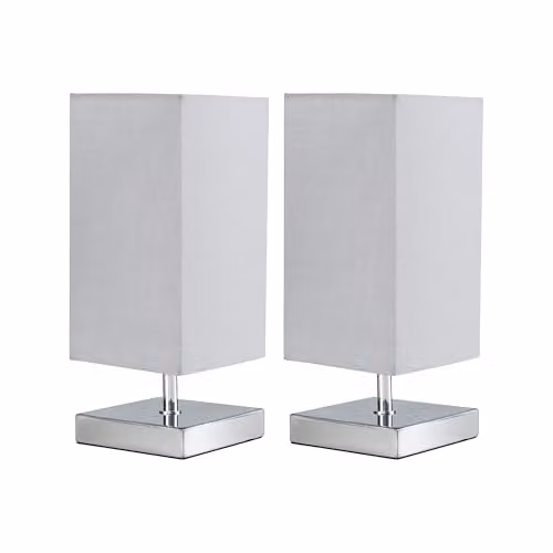 ValueLights Yuko Pair of Modern Square Polished Chrome Touch Table Lamps with Grey Fabric Shades, Dimmable