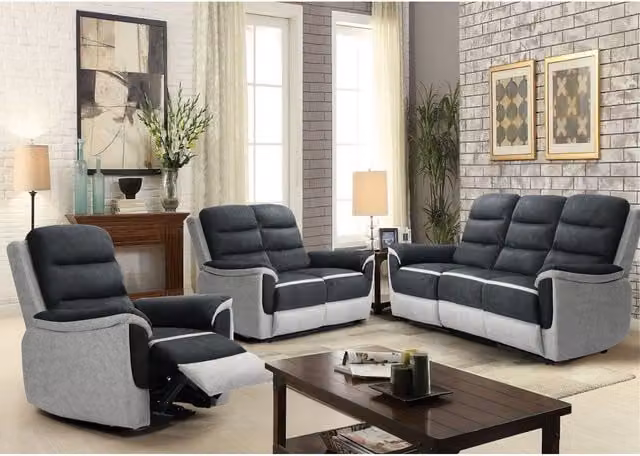 Comfy Living Grey Two Tone Fabric Recliner Set Including 3 Seater Sofa, 2 Seater Sofa and Armchair