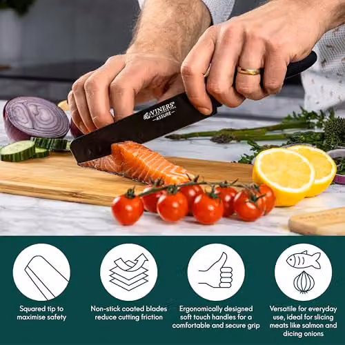 Viners Assure 6 inch Santoku Knife with Black Soft Grip Handle and Stainless Steel Non-Stick Blade – 2