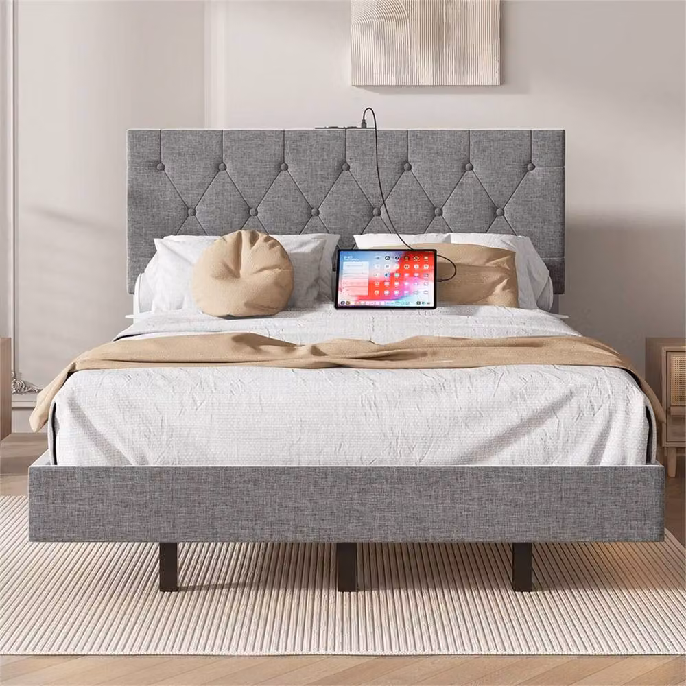 SPETLEK Grey Fabric Floating Bed Frame with Smart LED Under-bed Lighting and Lift-up Base, W/D/H: 140 x 200 cm – 4