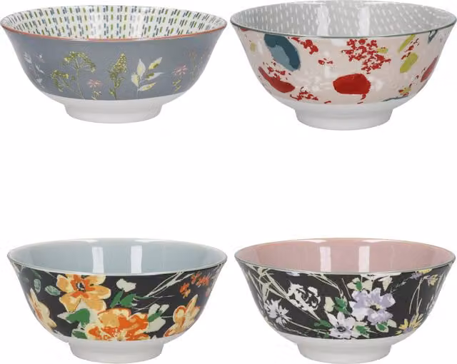 KitchenCraft 4pc Multicolour Ceramic Cereal Bowl Set with Floral Design, Diameter: 15.5 cm – 1