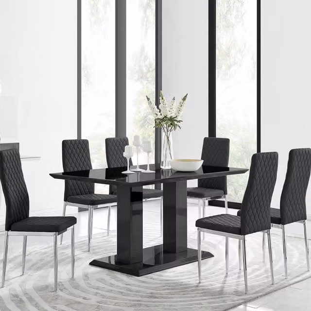 FurnitureboxUK Imperia Black High Gloss Rectangular Dining Table and 6 Milan Dining Chairs Set