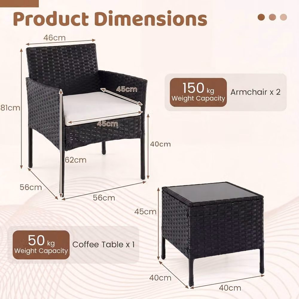 Costway 3-Piece Rattan Garden Conversation Set with Beige Cushions and Black Metal Frame – 3