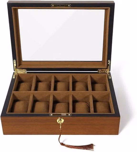 NESTLUNE Lockable 10-Watch Display Grid Box in Brown Wood and Metal