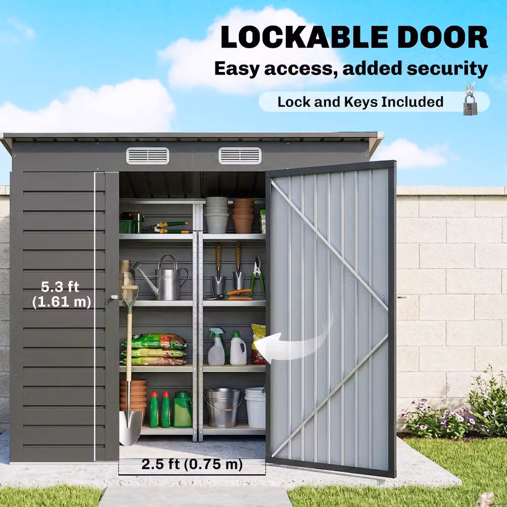 Rolipo Grey Galvanised Metal Pent Garden Shed with Locking Double Doors – 6