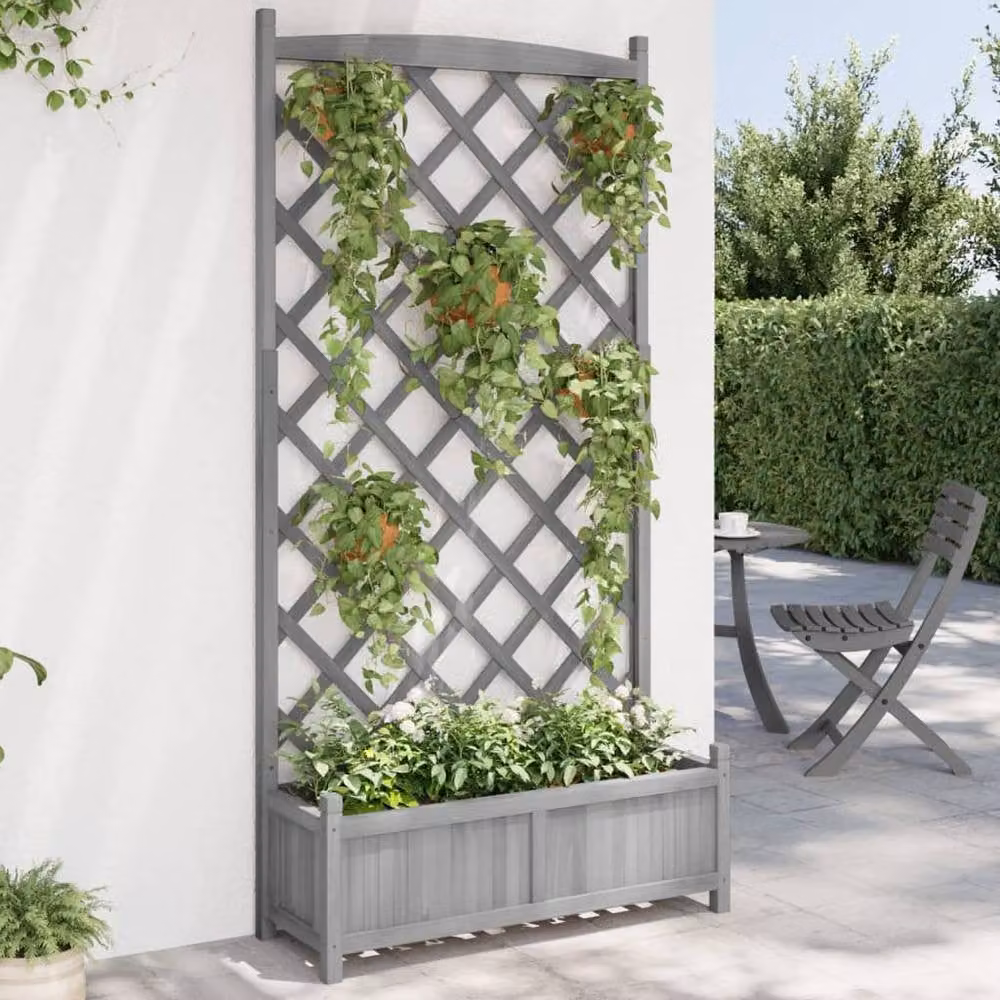 Berkfield Home Grey Solid Wood Fir Planter with Trellis – 2