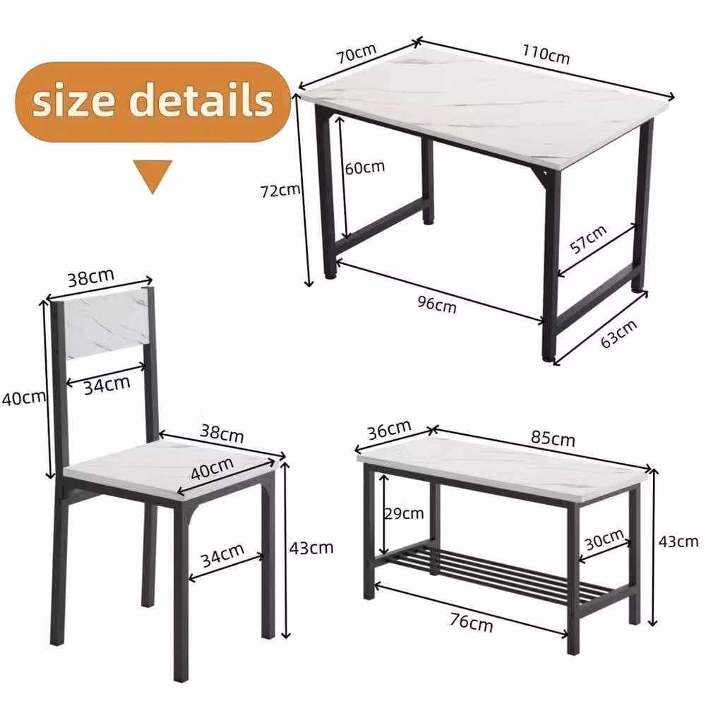 VOGREX White 4-Piece Modern Dining Set with Rectangular MDF Table, Bench and Chairs – 2