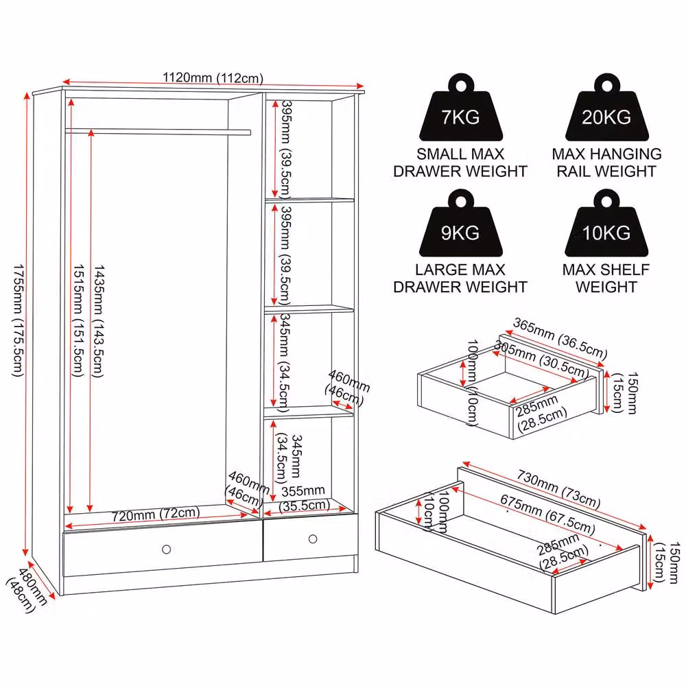 Seconique Denver Modern White Gloss 3 Door 2 Drawer Mirrored Wardrobe H 175.5 cm x W 112.0 cm – 3