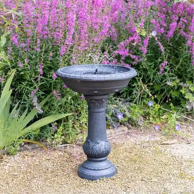 Primrose Windsor Solar Powered Round Bird Bath Fountain with Lights in Grey