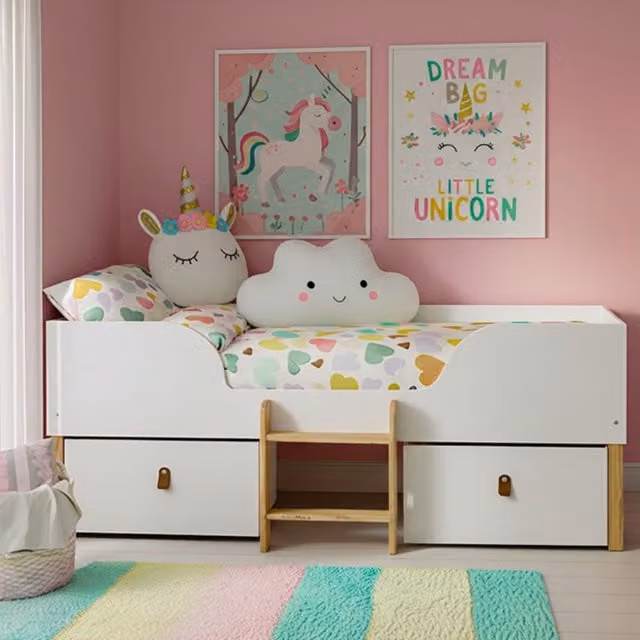 Noa and Nani Arvid Kids Cabin Midsleeper Bed with Storage and House Frame, White