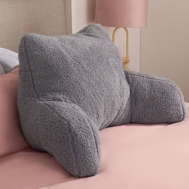 OHS Grey Teddy Fleece U-Shaped Bed Reading Cushion with Arms and Lumbar Support