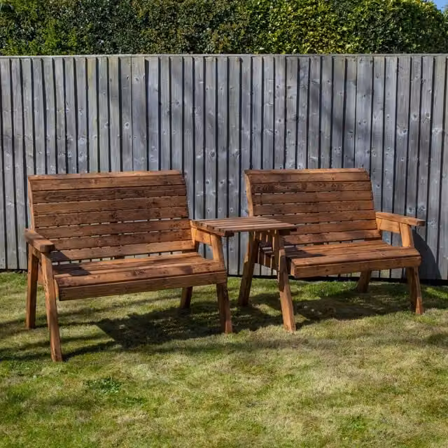 Samuel Alexander Hand Made 4 Seater Chunky Rustic Pine Wood Furniture Set with 2 Benches and Straight Tray in Brown