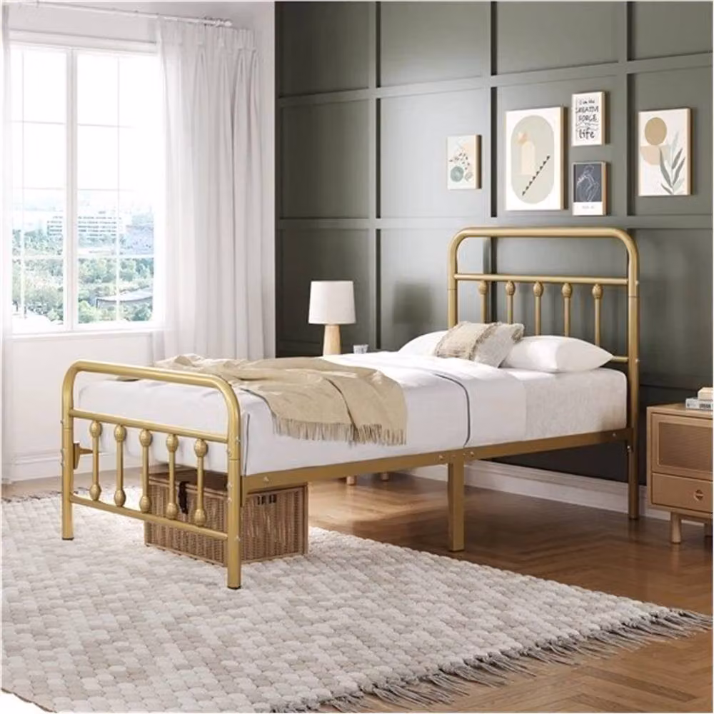 SPETLEK Single Metal Bed Frame in Antique Gold with Vintage High Headboard, W/D/H: 90 x 190 x 104 cm – 3