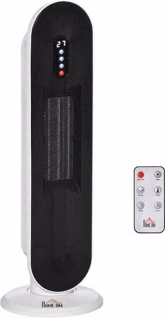 HOMCOM White Ceramic Fan Tower Heater with 45 Degree Oscillation, Remote Control, 24H Timer, Tip-Over and Overheating Protection, 2000W