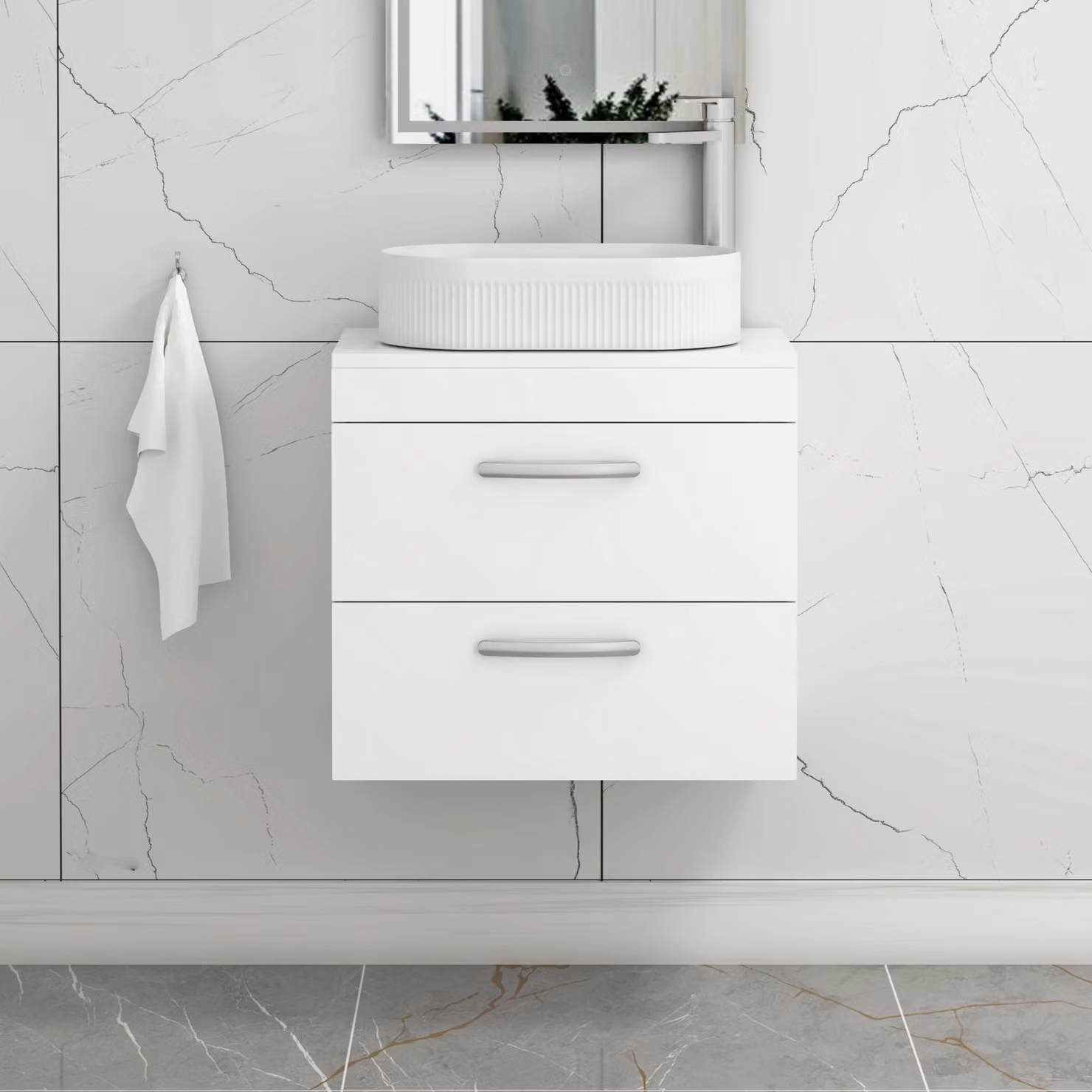 Royal Bathrooms Turin 600mm Wall Hung Vanity Unit with 2 Drawers and Countertop Basin in Gloss White