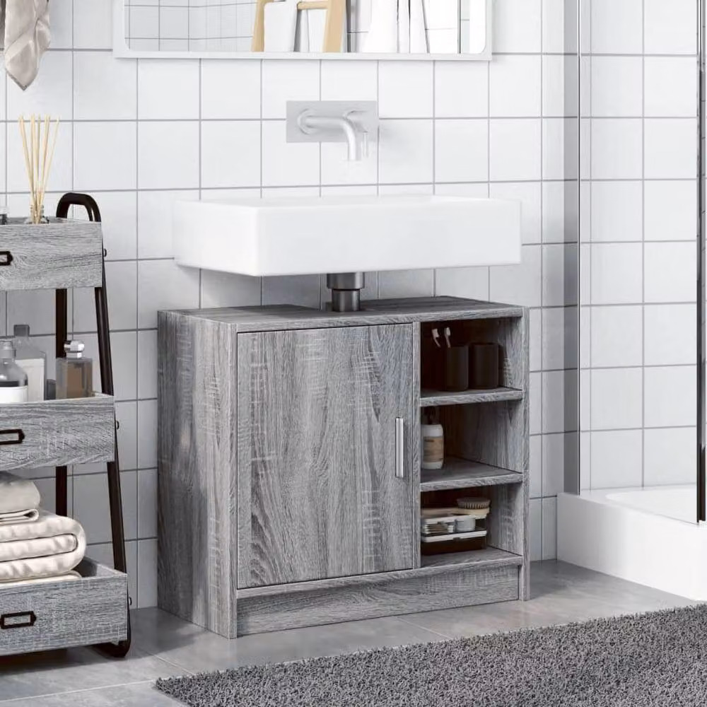 Berkfield Home Grey Sonoma Sink Cabinet with Hinged Doors and Open Shelf, W/D/H: 63 x 29 x 55 cm – 2