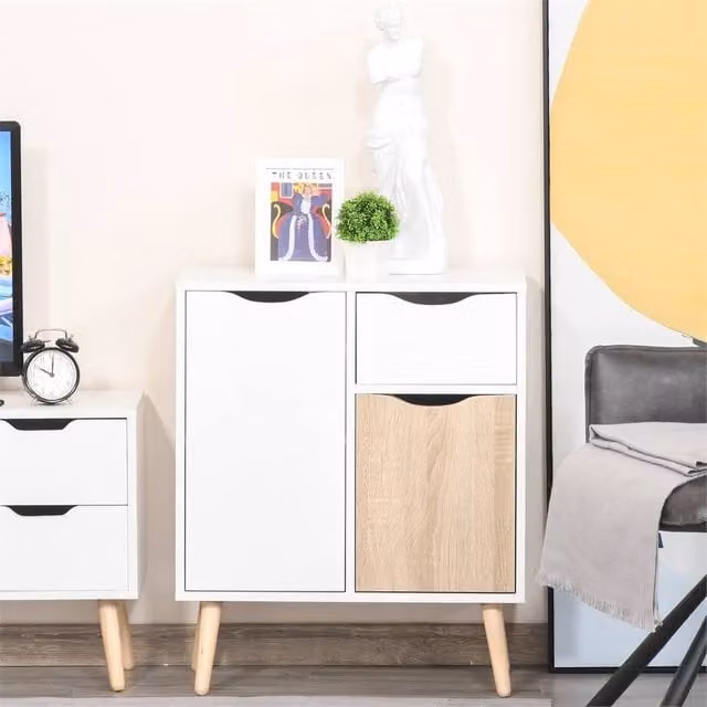 EONLION Natural Wood Floor Cabinet Storage Cupboard Sideboard in White Matt – 1