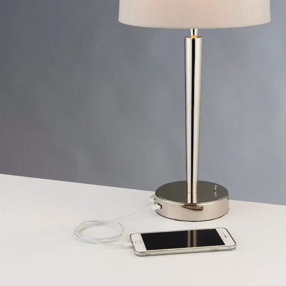 Loops Modern Table Lamp with USB Charger in Silver and Mink Shade – 2