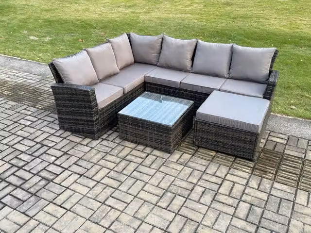 Fimous 7 Seater Rattan Garden Furniture Set with L-Shape Corner Sofa, Coffee Table and Ottoman in Dark Grey