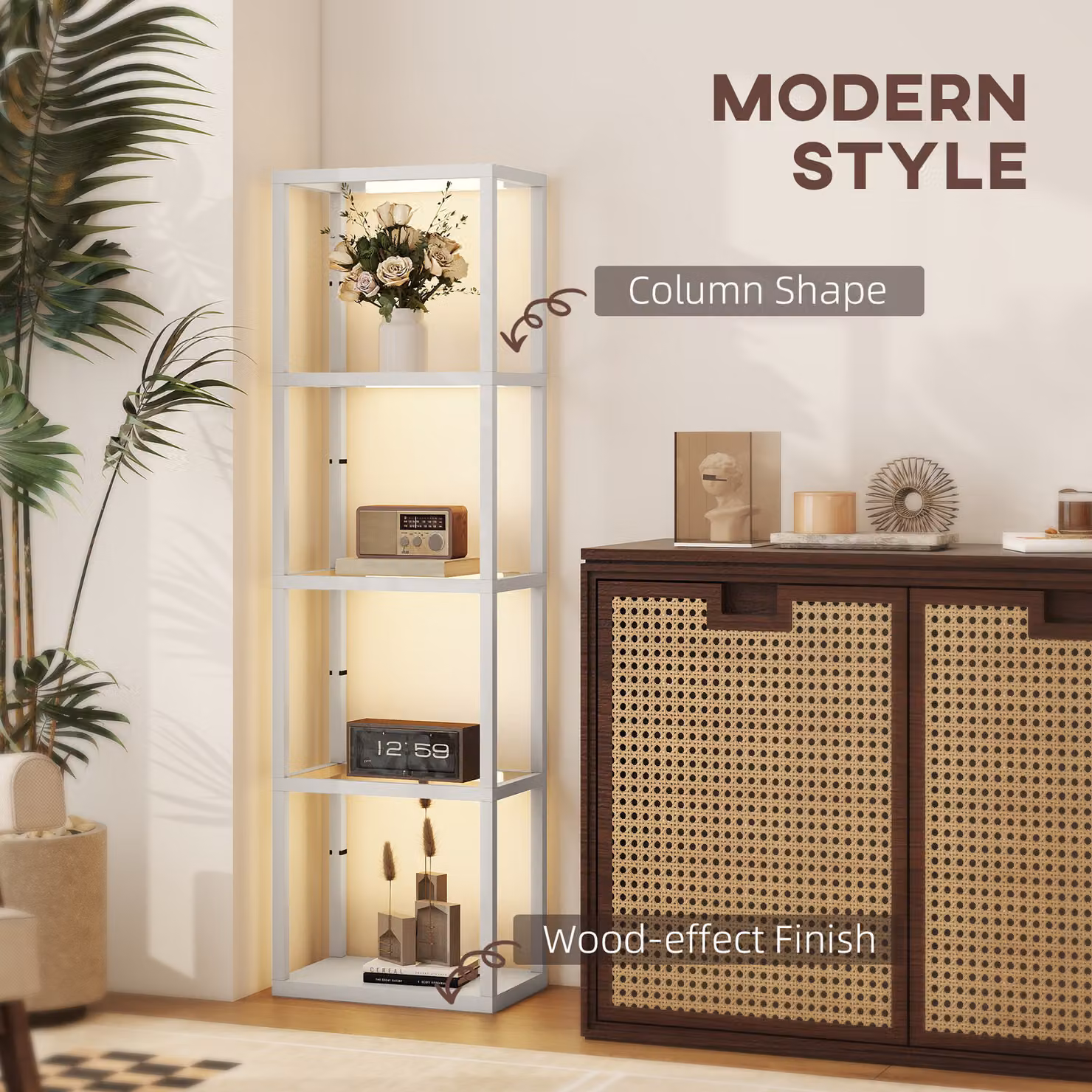 HOMCOM Dimmable LED Floor Lamp with 4 Glass Shelves in Grey and Wood – 3
