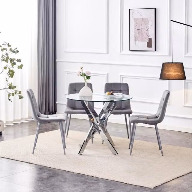 Kosy Koala Maya Round Glass Dining Set with 4 Grey Chairs