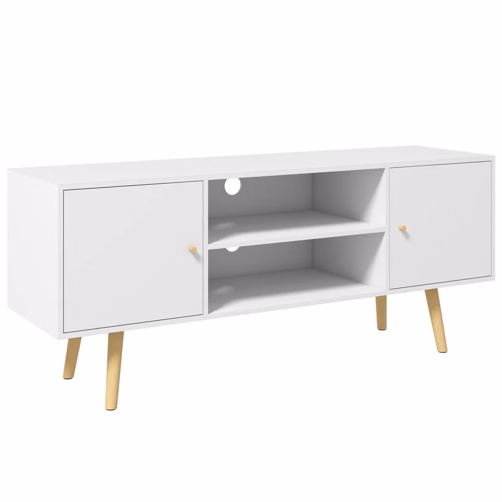 Wyld Haus Vido White TV Cabinet with Open Shelves and Wooden Legs, W: 120 cm, H: 52 cm, D: 34 cm – 2