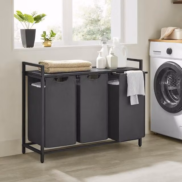 VASAGLE 3 Compartment Laundry Basket with Shelf and Metal Frame in Grey – 1