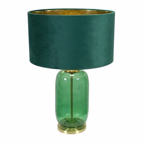 ValueLights Leigh Forest Green Glass Table Lamp with Green Velvet and Gold Inner Shade and Warm White Bulb