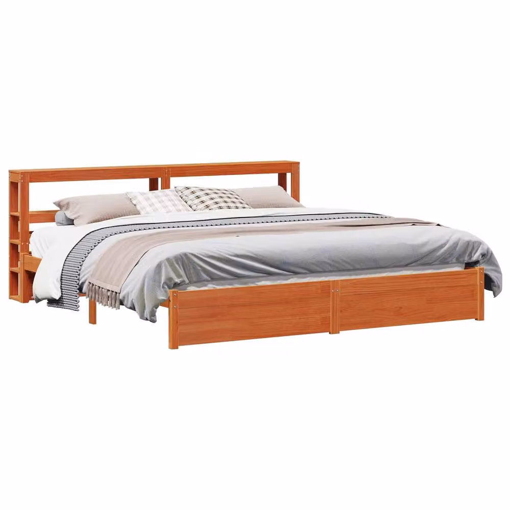 Berkfield Home Solid Pine Wood Bed Frame with Headboard and Side Compartments, Wax Brown, 200 x 200 cm – 2