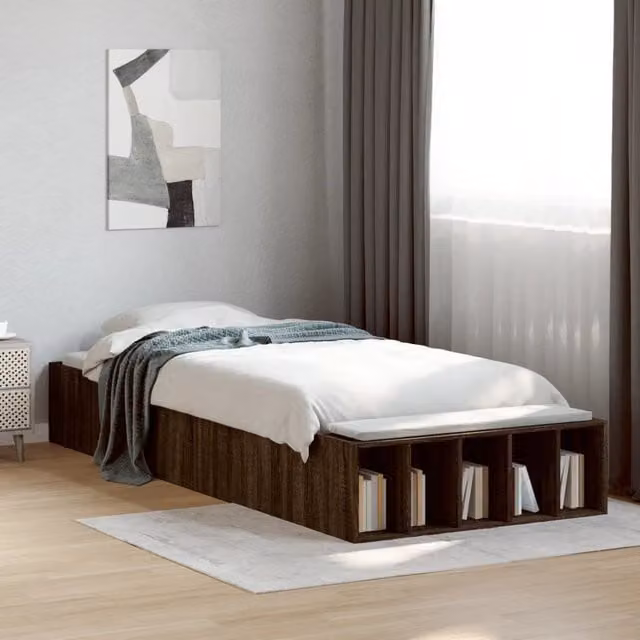 Berkfield Home Small Single Bed Frame in Brown Oak with Side Compartments, W: 75 cm, L: 190 cm – 1
