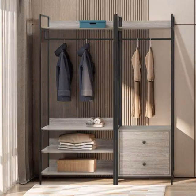 Swish Furniture Alva Pair of Double Open Wardrobes with 2 Drawers and 4 Shelves in Grey Oak and Black