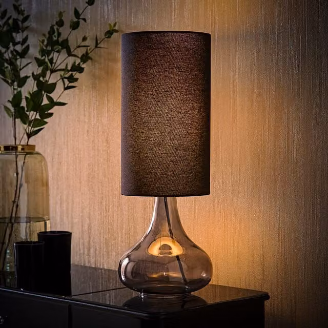 ValueLights Sylvie Squat Base Glass Table Lamp with Tall Fabric Shade and LED Bulb in Black