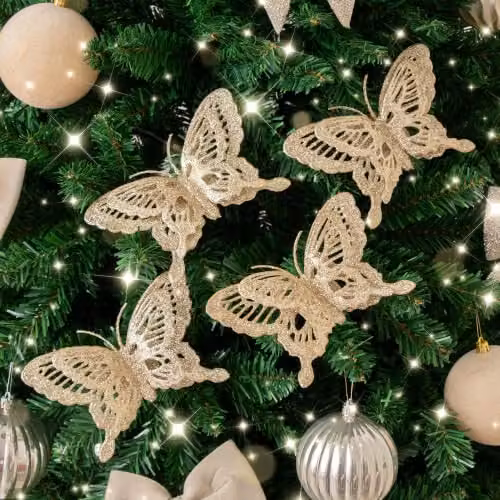 Melody Maison Set of 4 Champagne Gold Glitter Butterfly Christmas Decoration Clips
