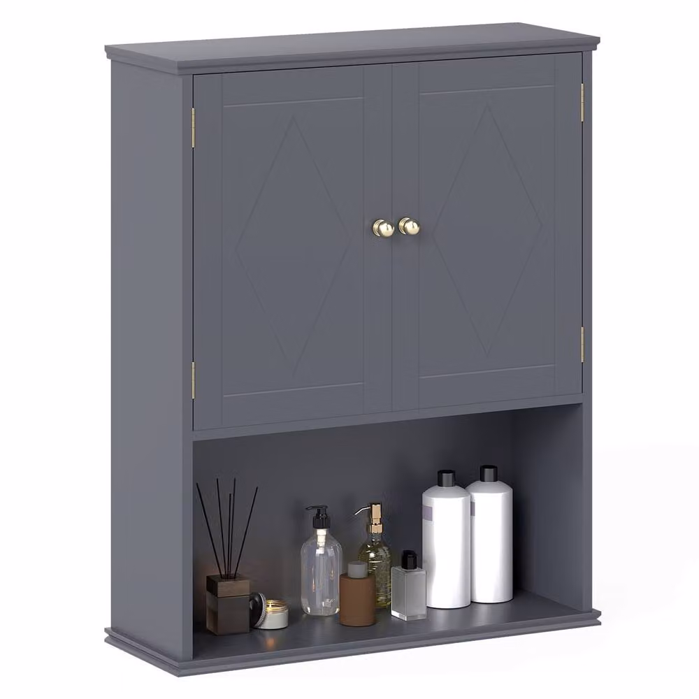Costway Grey Wall Mounted 2-Door Bathroom Cabinet with Internal Shelves – 3