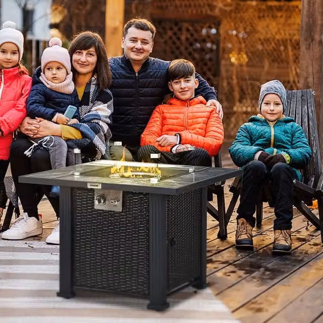 OUTSUNNY Black Rattan Gas Fire Pit Table with Rain Cover, Windscreen and Glass Stones, 50,000 BTU, W/D/H: 80 x 61 x 49 cm