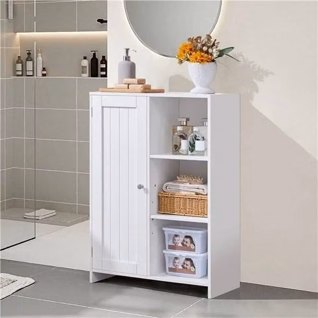 KORVIXA Modern White Freestanding Bathroom Floor Cabinet with Hinged Doors and Open Shelf, W/D/H: 30 x 30 x 81 cm