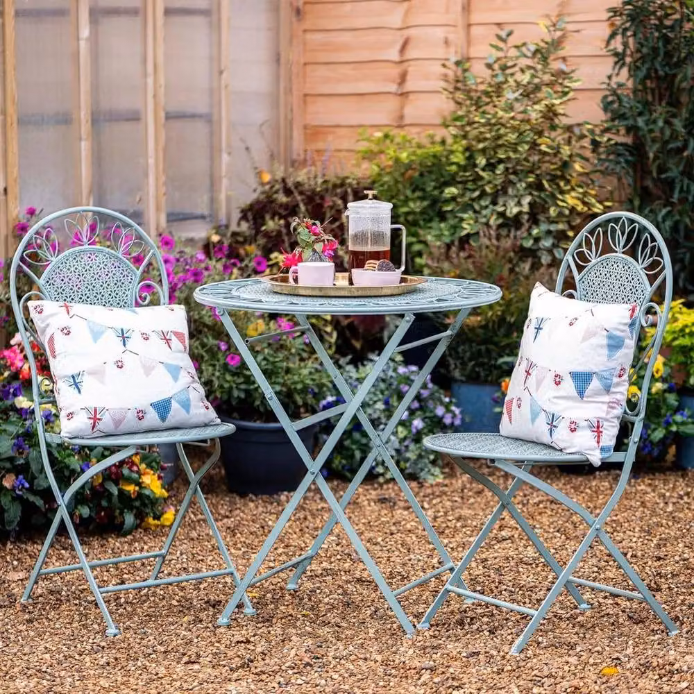 FLAVORA Dorset Wrought Iron Victorian 2-Seater Foldable Garden Bistro Set in Pale Green – 3