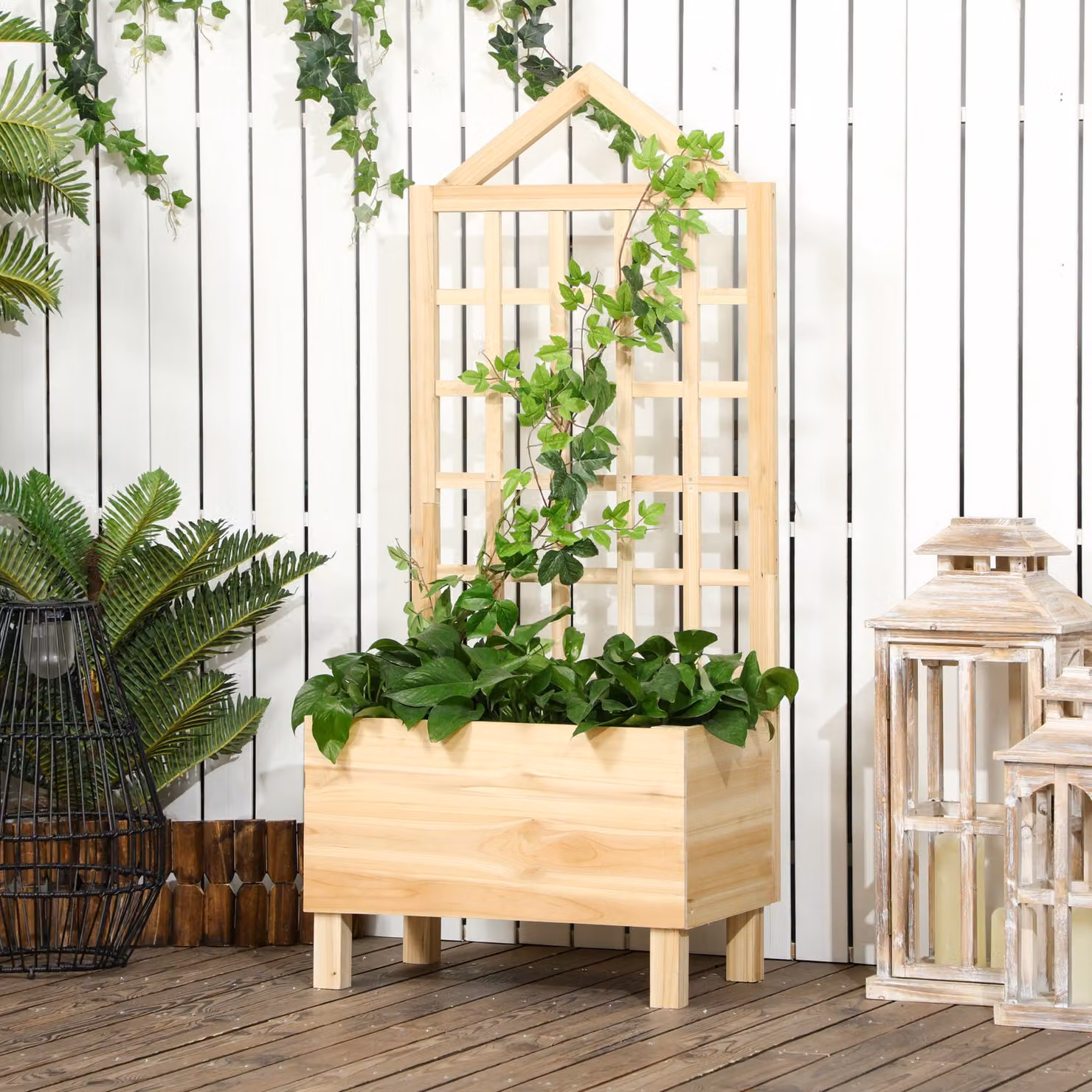 Outsunny Wooden Raised Garden Bed with Trellis for Climbing Plants, Beige, W: 90 cm, D: 43 cm, H: 150 cm – 2