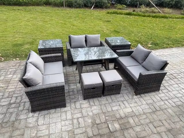 Fimous Outdoor Lounge Sofa Set with Rectangular Dining Table in Dark Grey PE Rattan