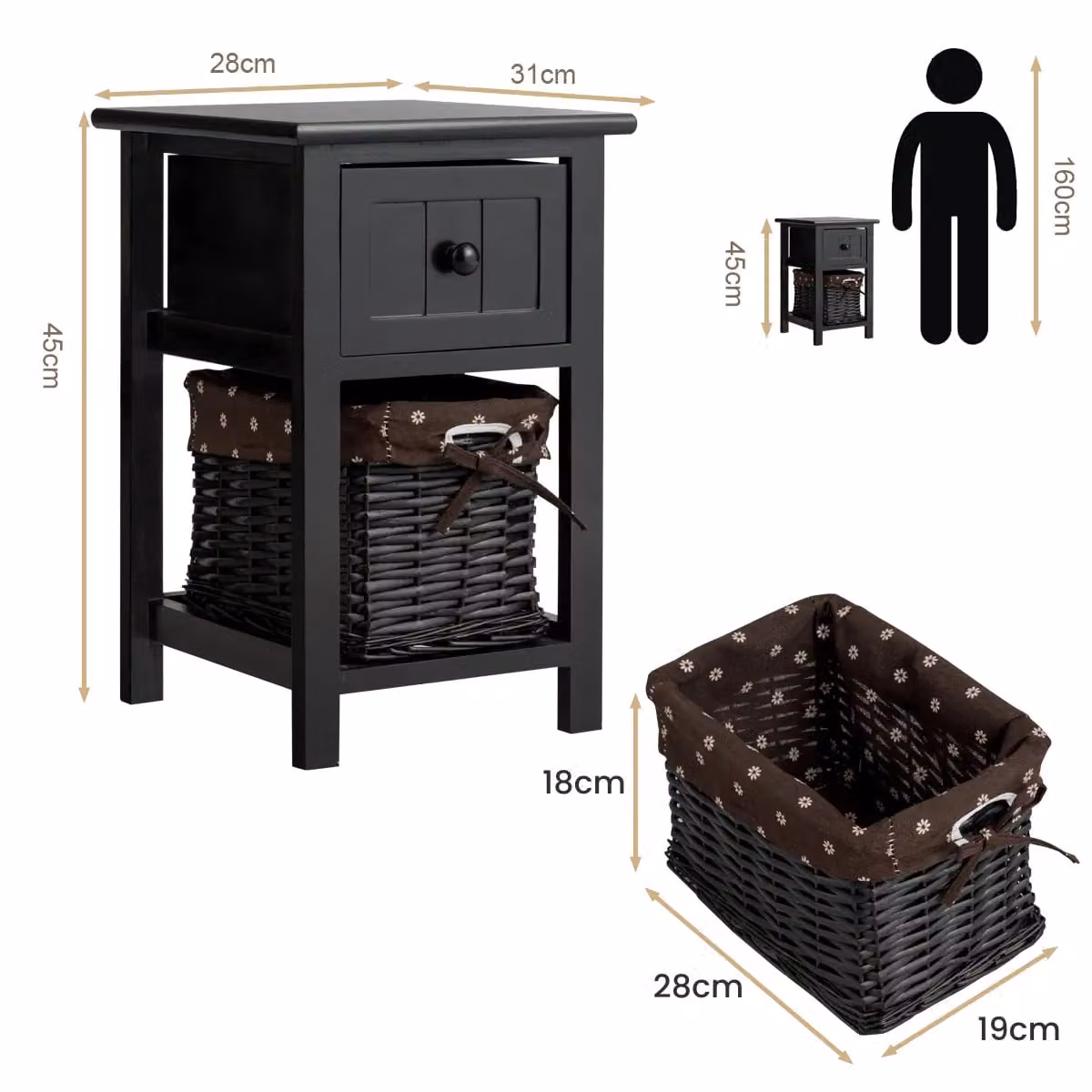 Costway Set of 2 Black Modern Nightstands with Removable Rattan Baskets – 2